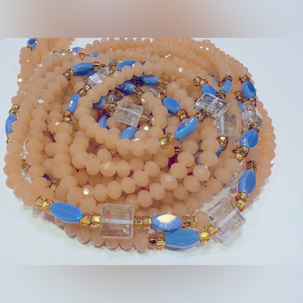 NWT “PEACHEEZZZ” Crystalline Beads w/Clear, Blue & Gold accents up to 50 length - Picture 4 of 16